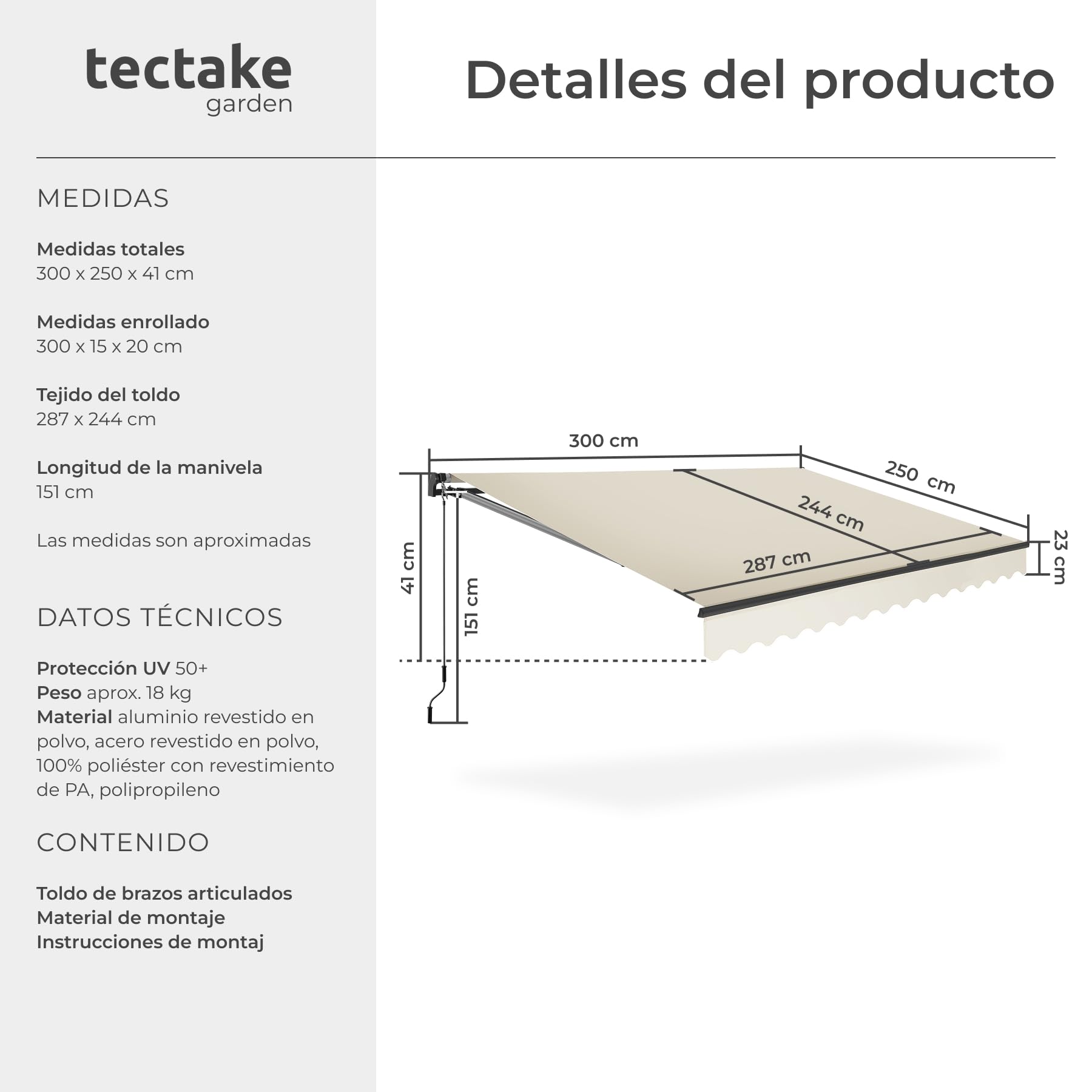 tectake® toldo retractil con Brazos articulados, fácil de Manejar con manivela, Estructura de Aluminio y Acero, Ideal para terraza, toldo Exterior, toldos Exterior terraza - 300x250 cm Beige
