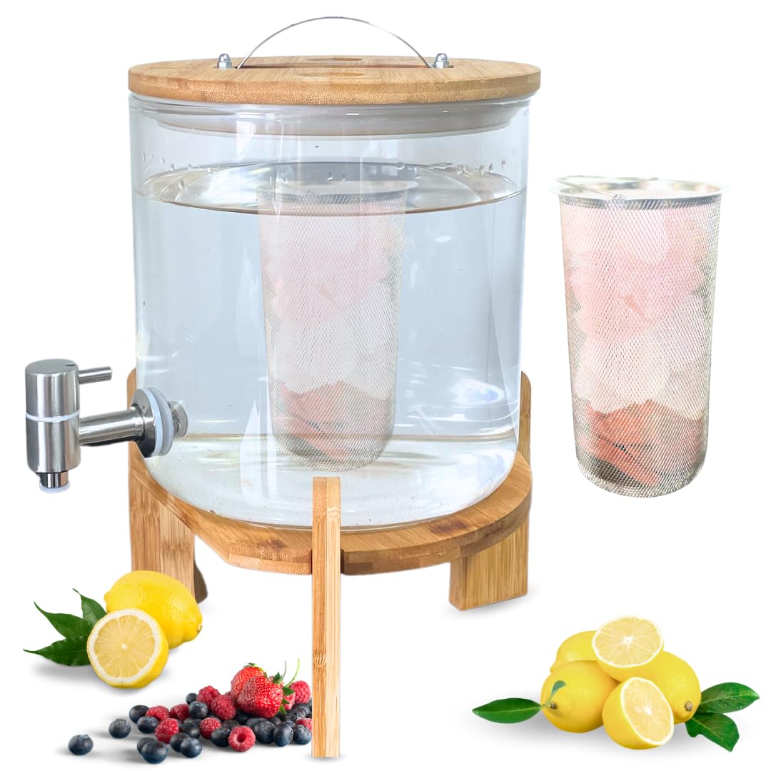 Dispensador de Bebidas de Cristal con Grifo, Piedras Terapéuticas, Tapa y Soporte Madera de Bambú - Incluye Filtro para Mezclar en Interior - 5 Litros