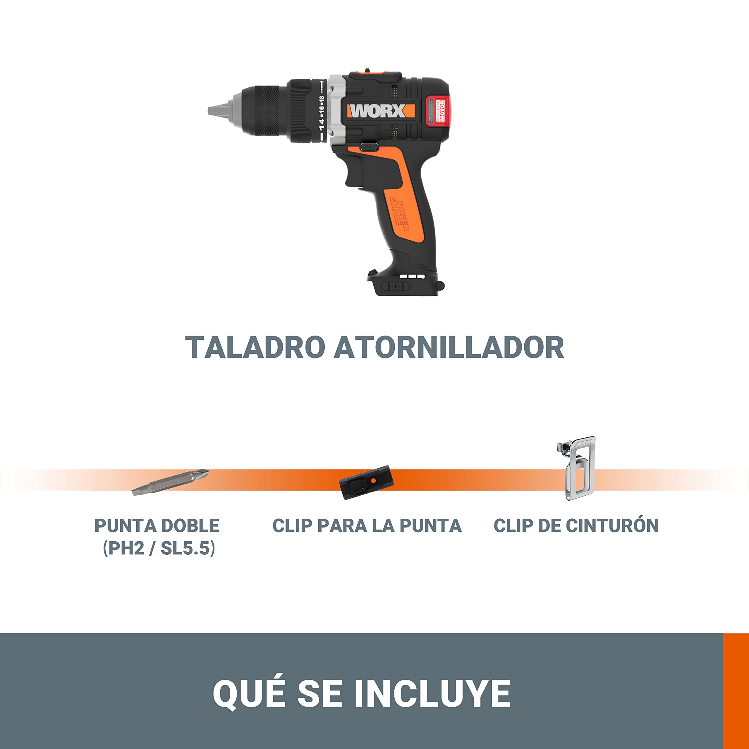 Taladro atornillador Brushless 20V WORX | PowerShare | WX175.9 - Sin batería, ni cargador | motor sin escobillas