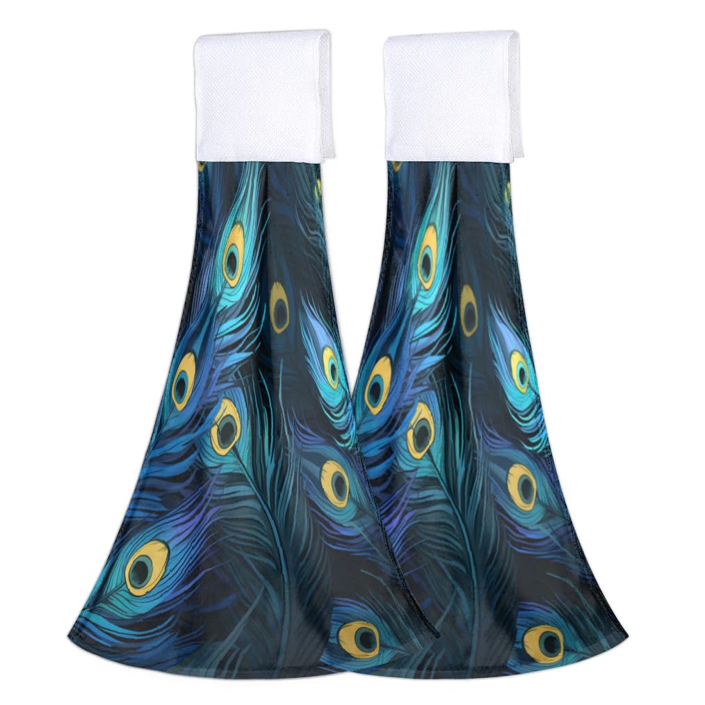 Hsnar Hand Towels Set of 2 Beautiful Peacock Feathers Hanging Kitchen Towel Absorbent Kitchen Hand Towels Soft Hanging Towel for Bathroom Laundry Room