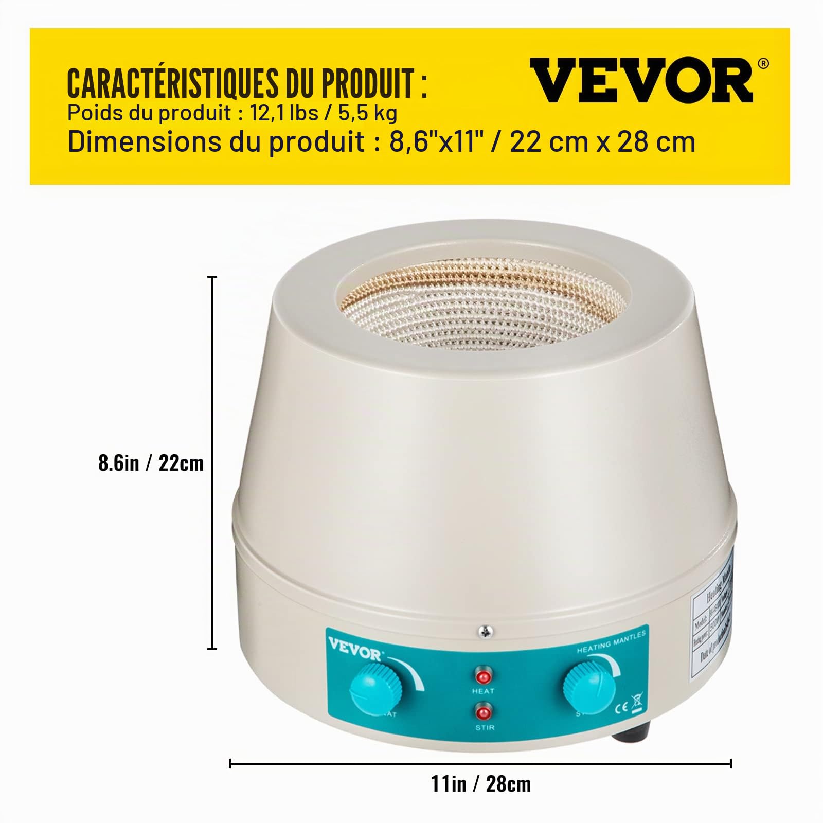 VEVOR Agitateur Magnétique 1000ML Manteau Chauffant 350W Manteau Chauffant Agitateur Affichage Numérique pour flacon à fond rond