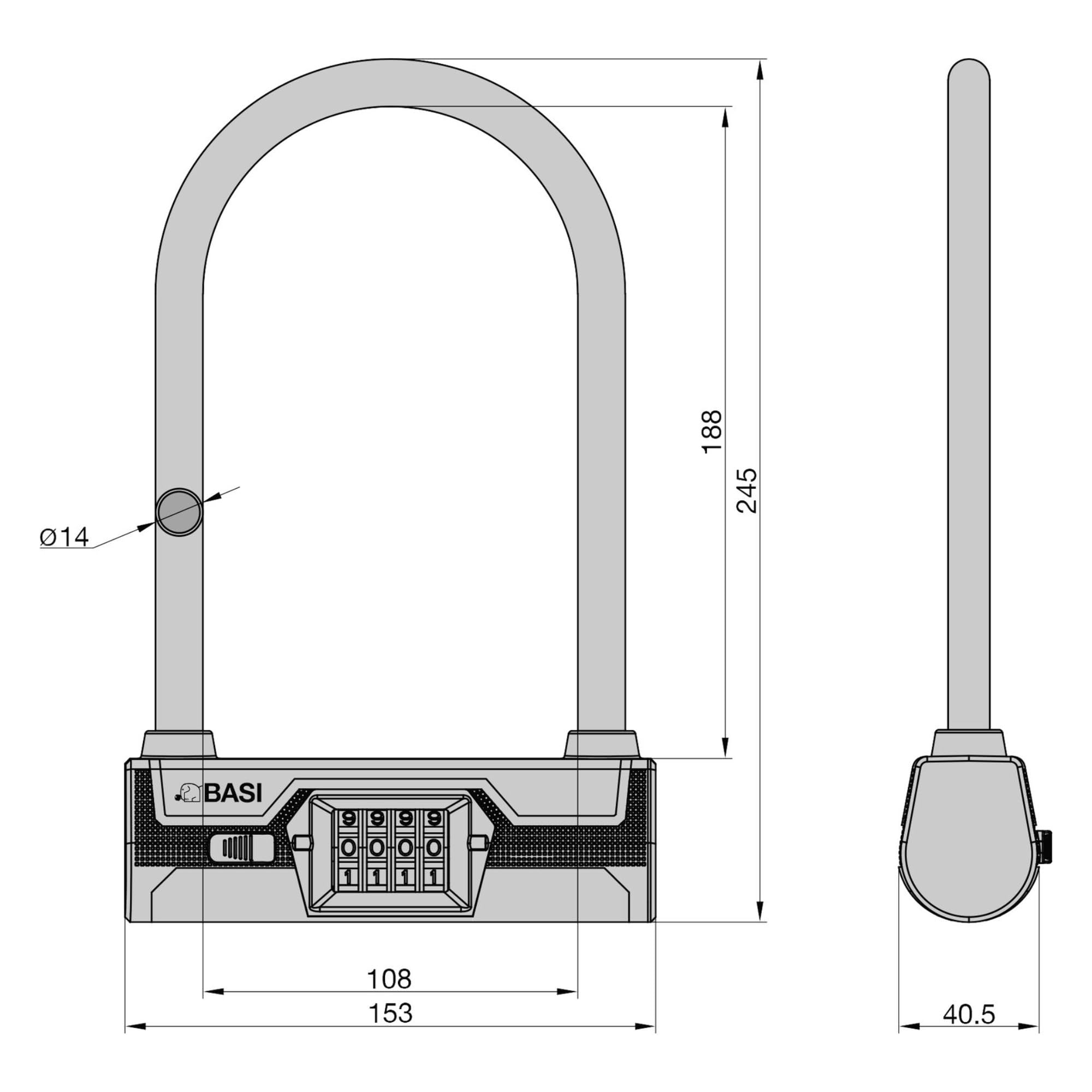 BASI | Antivol en U avec code numérique à 4 chiffres avec support de cadre | Épaisseur de l'anse de 14 mm | Antivol de vélo U avec étrier rond | Serrure pour vélo, vélo électrique, moto | Protection
