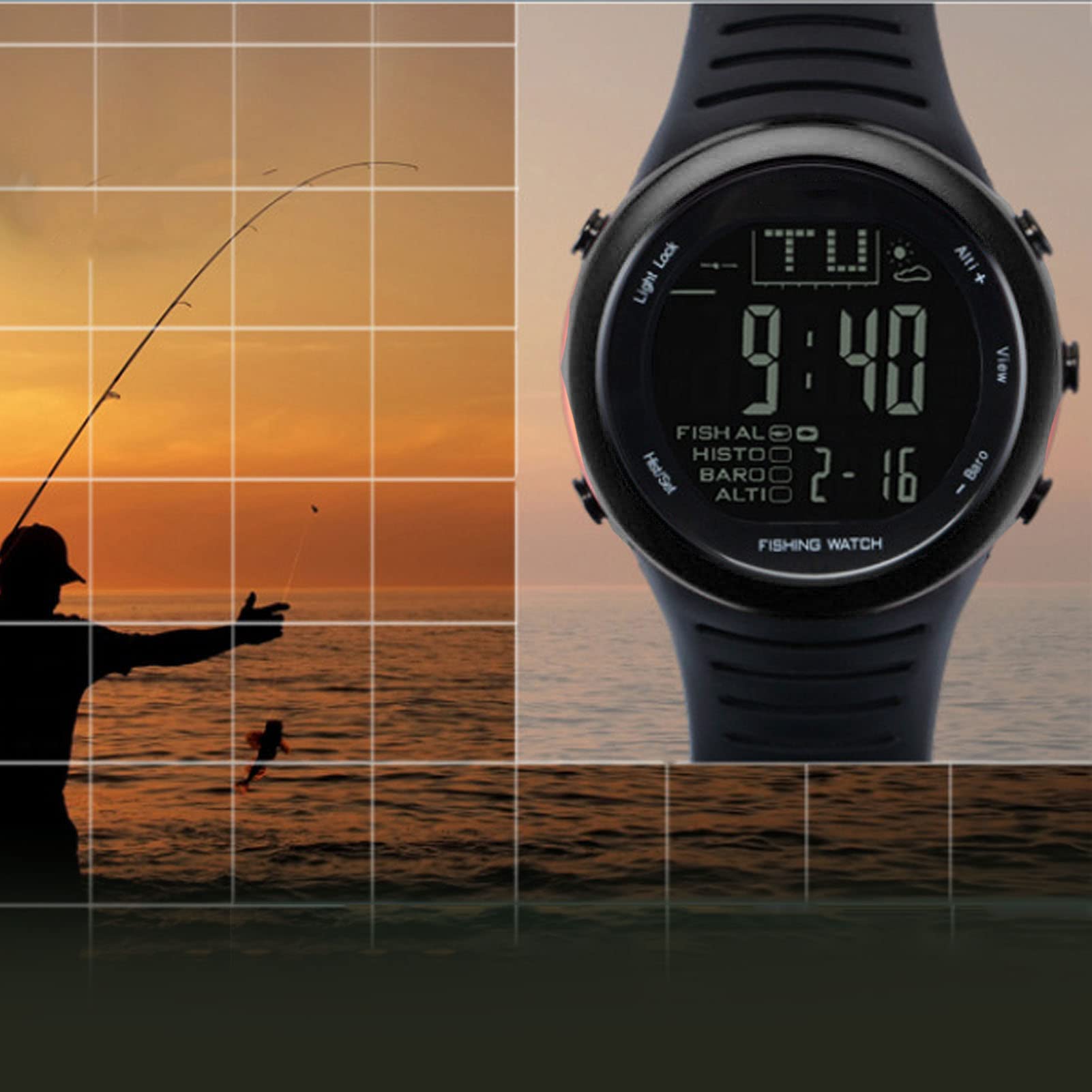 Reloj de Pesca, Termómetro, Correa Suave, Reloj Barómetro, Resistente Al Agua para Exteriores (Negro)
