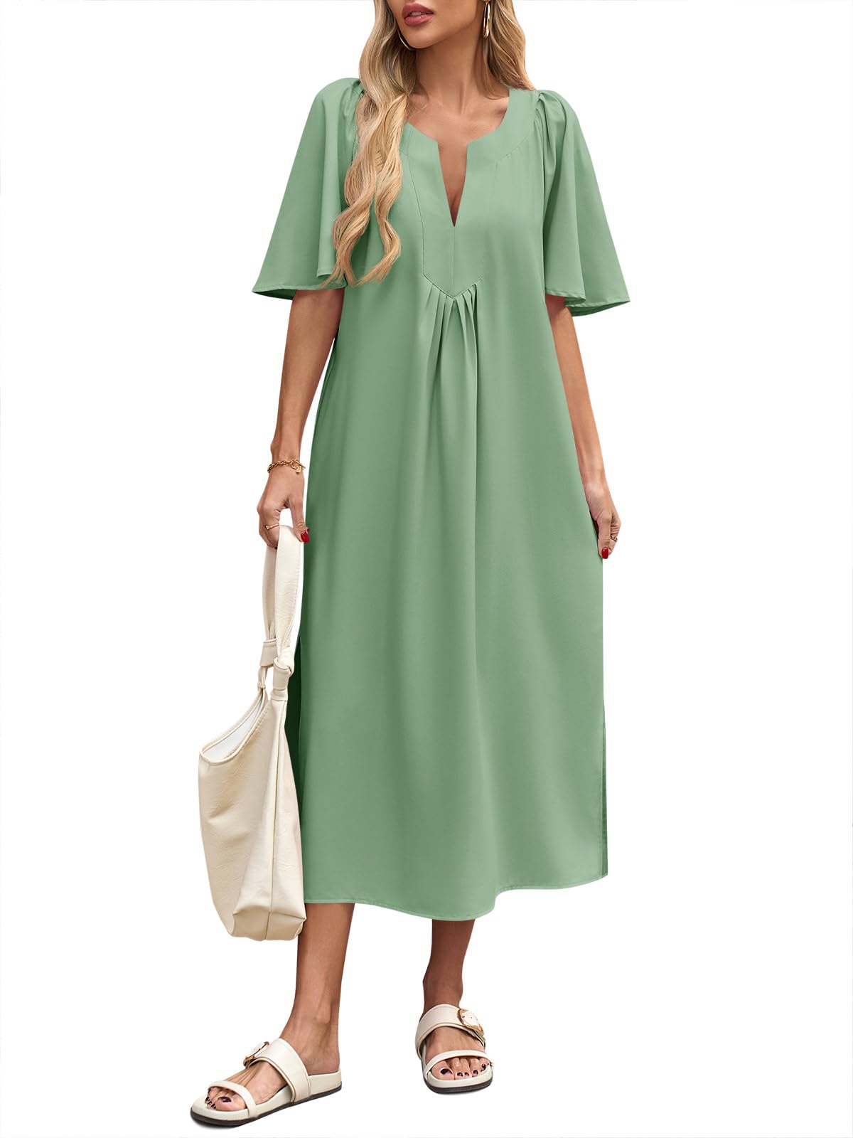 Wenrine Womens Casual Maxi Dress Short Sleeve Loose Flowy Summer Dresses