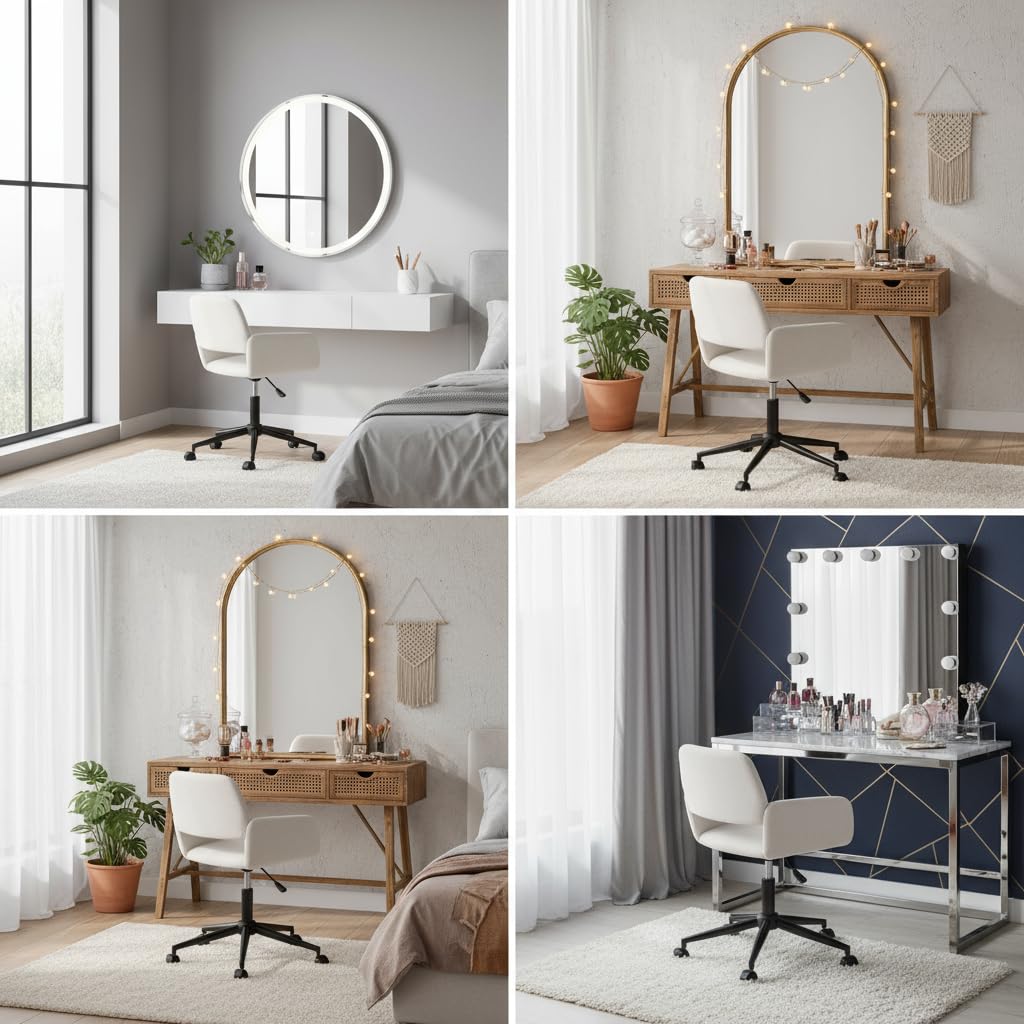 FurnitureR Sedia da trucco girevole, seduta da camera regolabile in altezza, seduta cava ampia e traspirante, sedia da vestire girevole a 360°, tessuto beige moderno, 56 x 55 x 75-85 cm