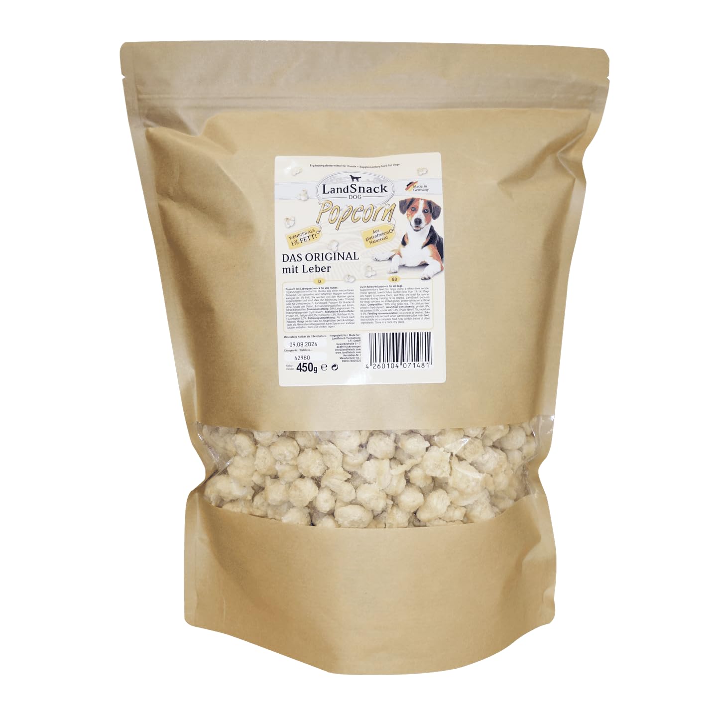 LandSnack Popcorn | der Reissnack für Hunde mit weniger als 1% Fett | Das besondere Leckerli aus Deutschland (Original mit Leber 450g XXL)