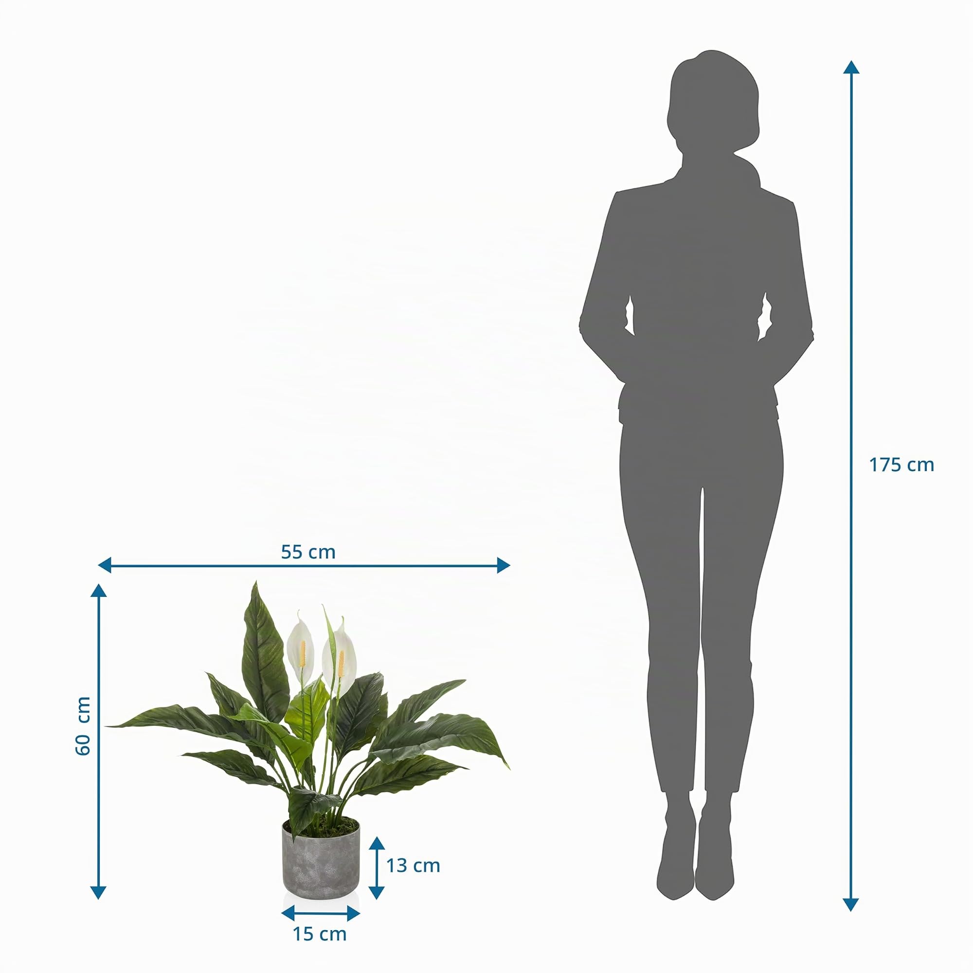 hjh OFFICE Planta artificial Spathiphyllum 1 – Planta artificial de hoja perenne aprox. 60 cm | Real, fácil de limpiar, inodora y decorativa