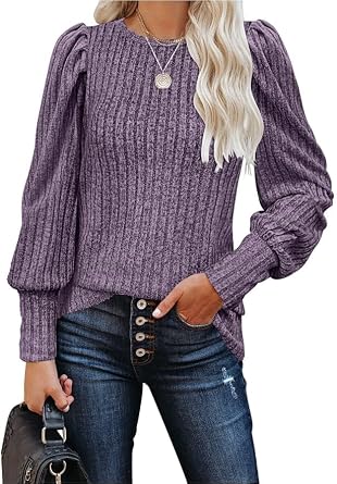 MIHOLL Womens Puff Long Sleeve Shirts Casual Knit Blouses Crew Neck Elegant Tunic Tops