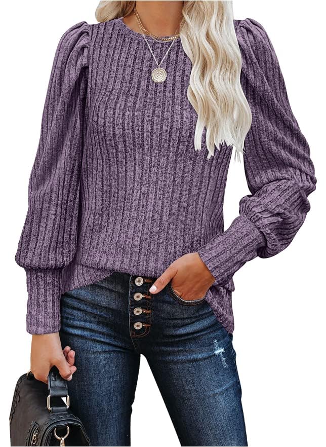 Image of MIHOLL Women's Puff Long Sleeve Shirts Casual Knit Blouses Crew Neck Elegant Tunic Tops