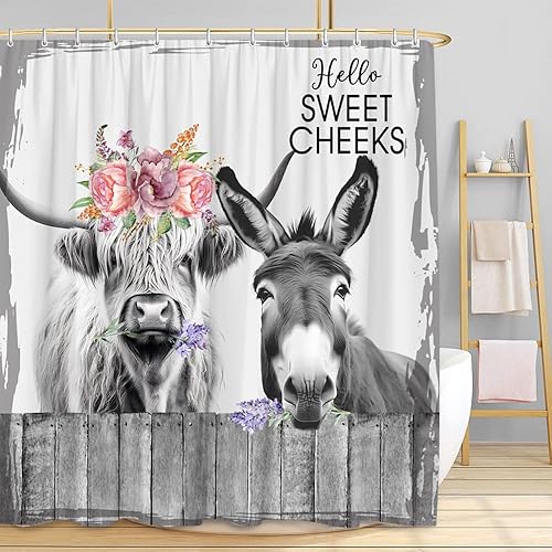 Cortina de ducha de animales de granja, divertido burro de vaca de las tierras altas con valla de flores, citas divertidas, tela de poliéster, juego
