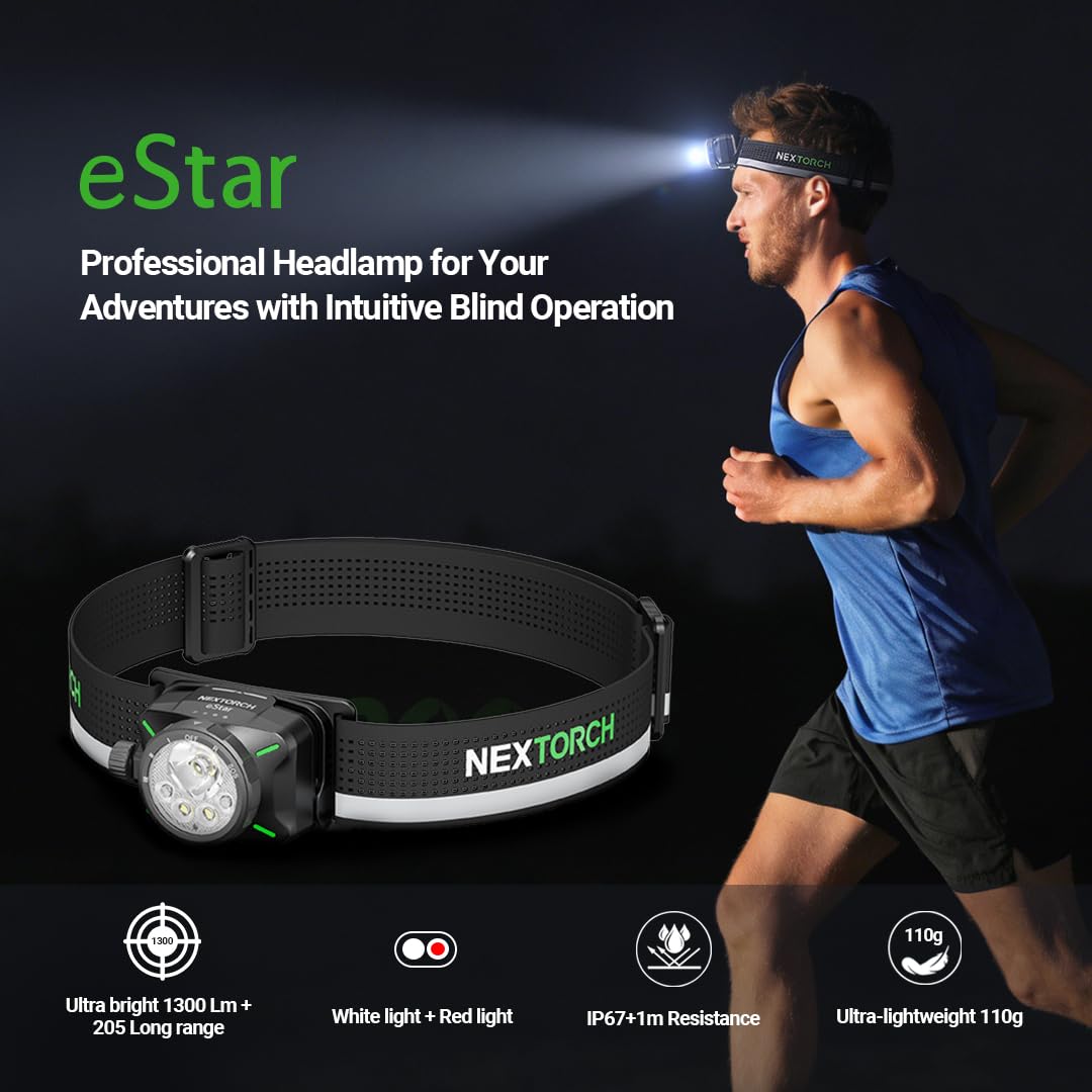NEXTORCH eStar - Linterna frontal de 1300 lúmenes, LED recargable, ultraligera con luz roja, diadema impermeable para exteriores, camping, senderismo, correr, correr y trabajar, 2 baterías de 1200 mAh