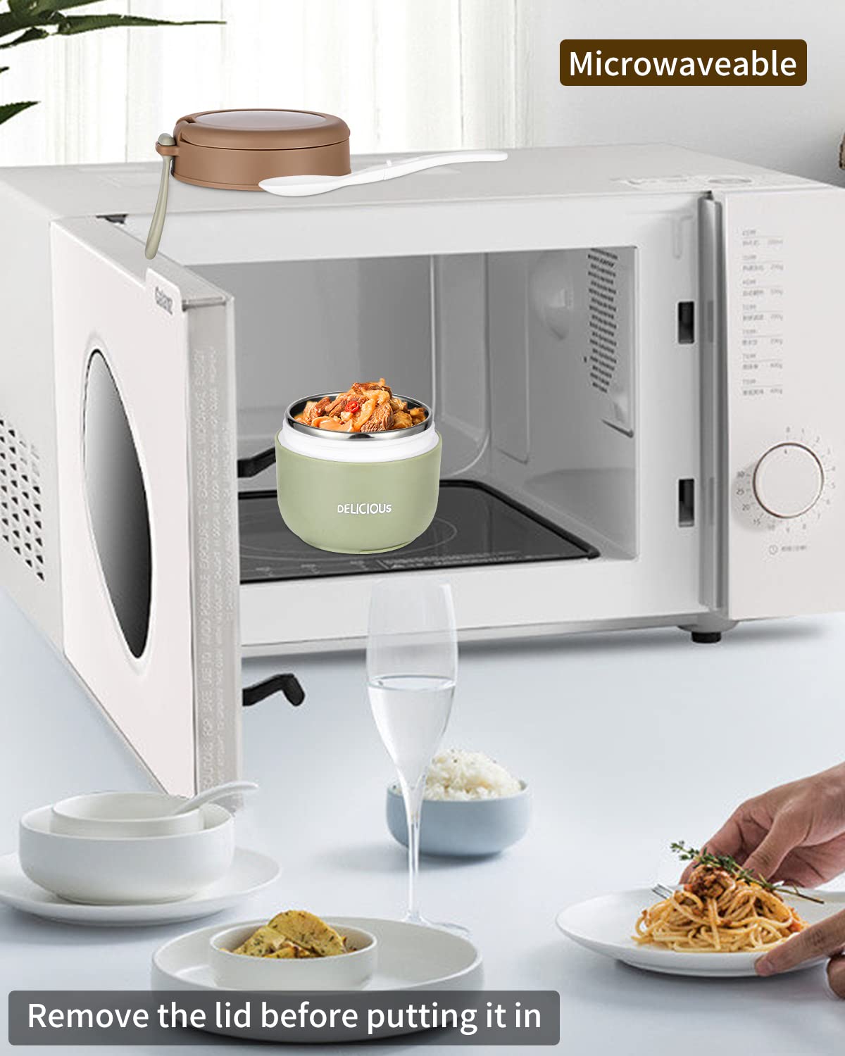 Tazza Per Cereali Con Cucchiaio | Doppio Scomparto 430+300ml | Acciaio Inox Isolato | Verde - Foto 2