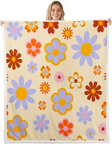 Miniatura 13 de Manta de vellón Kawaii Mushroom Boho – Hippie Groovy Floral Sherpa Queen – 60s 70s Retro Vintage Theme Throw – Chic Daisy Flower Plush Geometric