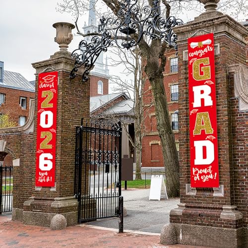 Image of Graduation Decorations 2026 Banner Porch Sign Red Gold for Class of 2026 Graduates Party Supplies