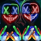 Halloween Mask Skeleton Gloves Set, Halloween Costumes ​Gifts for Men Women Boys Girls, 3 Modes Light Up Scary LED Mask with LED Glow Gloves, Halloween Decorations Scary Scream Anonymous Mask, 2 Pack