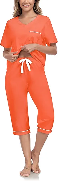 COLORFULLEAF Womens Pajama Sets 100% Cotton Summer Pj Set Capri Pants Sleepwear 2 Piece Lounge Set with Pockets