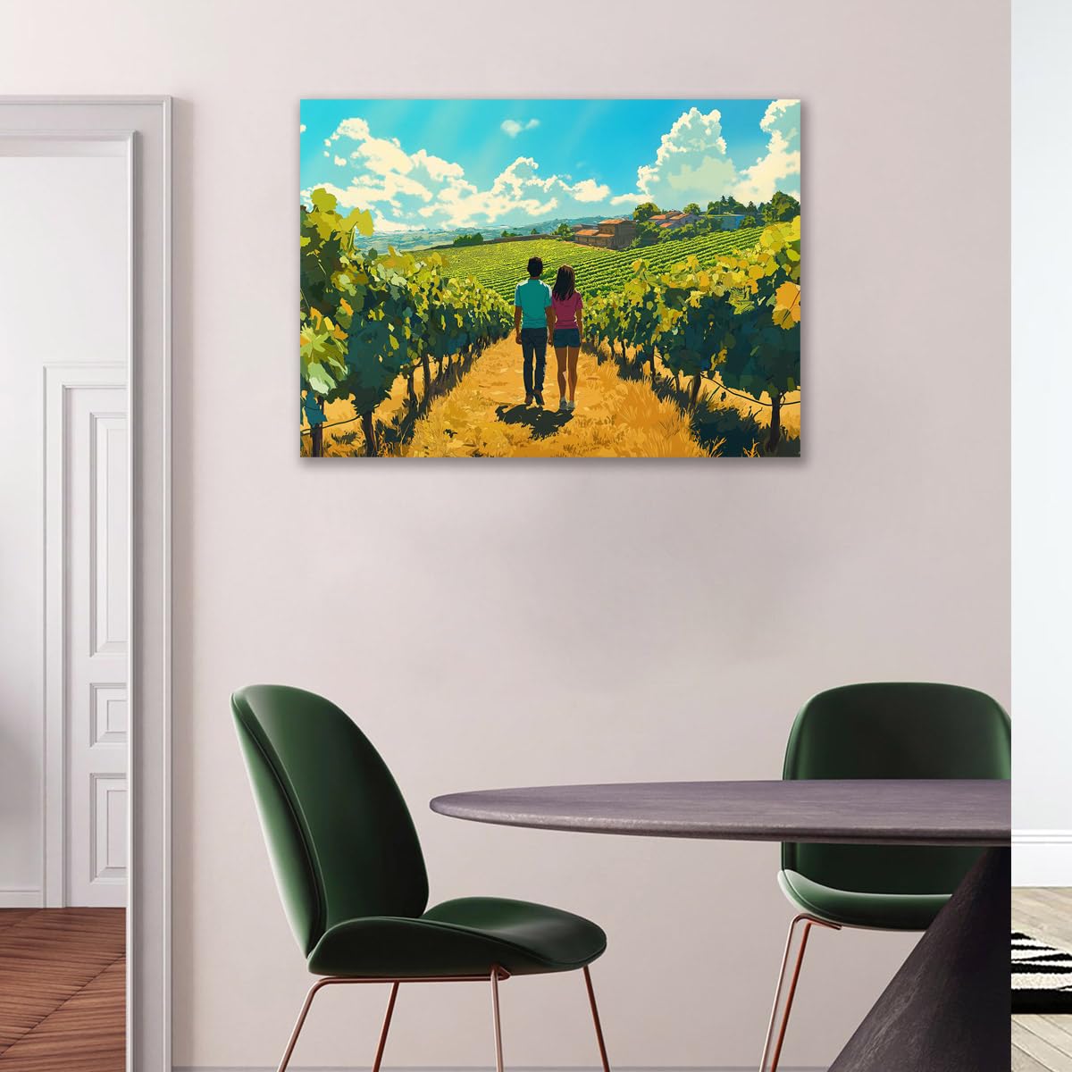 Stampa artistica da parete, motivo: una giovane coppia che cammina nel vigneto Piemonte, stile animazione, arte su tela per la decorazione della casa (1,80 x 120 cm (senza cornice)