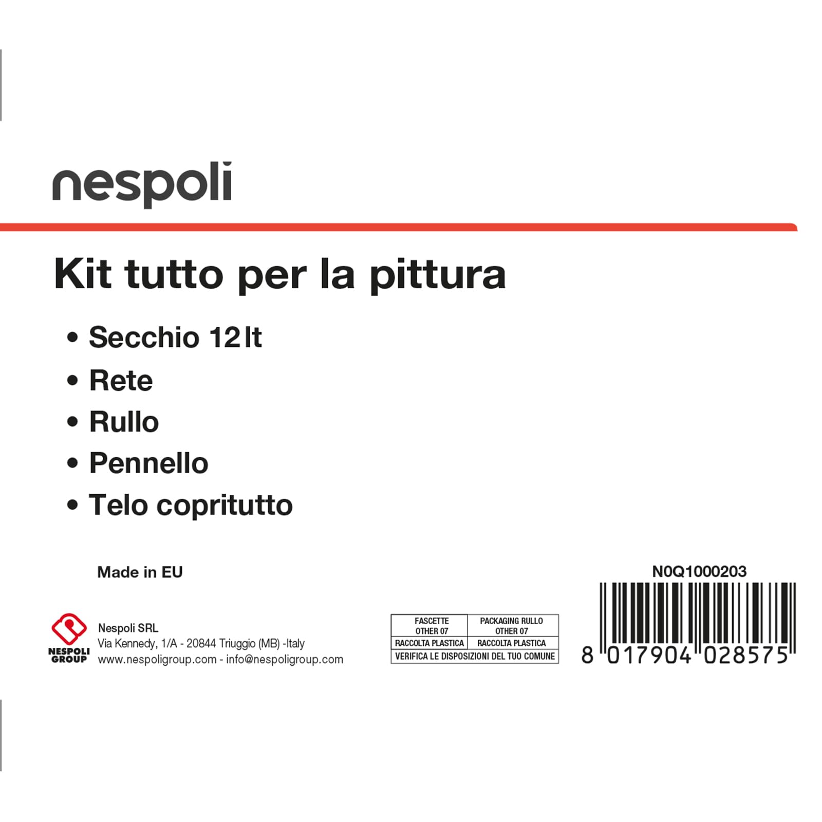 Nespoli - Set Pittura Completo con Rullo per Pittura, Pennello Pittura, Secchio, Telo, Retina - Kit Pittura Murale e Fissativo per Muri Interni per Lavori Fai da Te, Set Rullo Pittura Facile Utilizzo