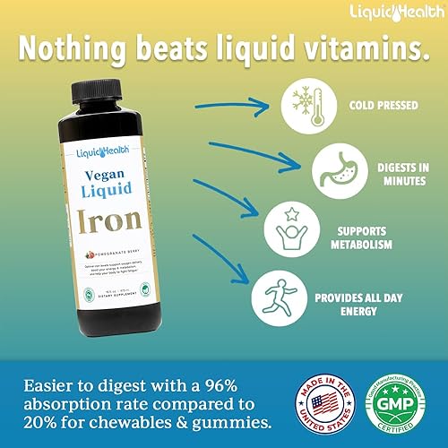 Miniatura 2 de LIQUIDHEALTH Suplemento vegano de hierro líquido con hierro SunActive y Ferrochel - Energía natural, sistema inmunológico y apoyo metabólico,