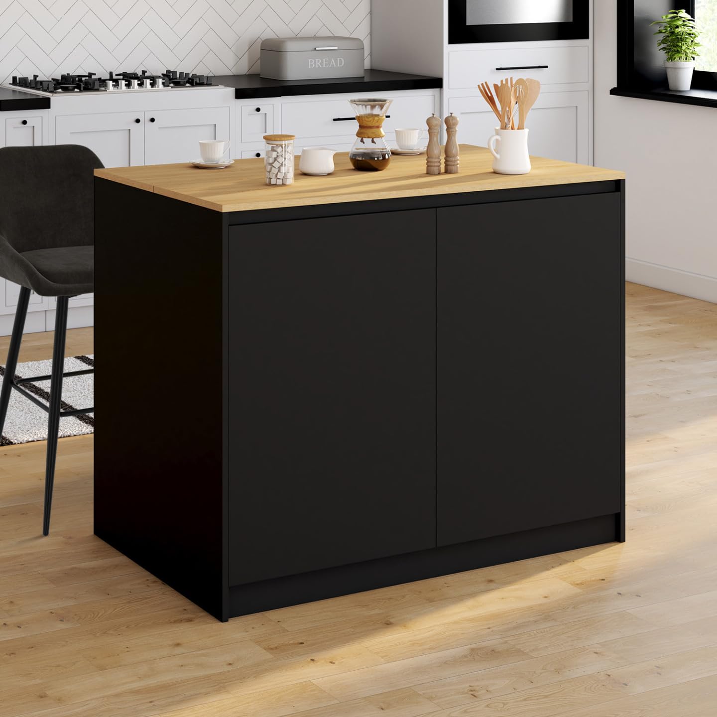 IDMarket - Ilot Central Cesar 110 cm avec Tablette relevable rectangulaire Bois Noir et façon hêtre