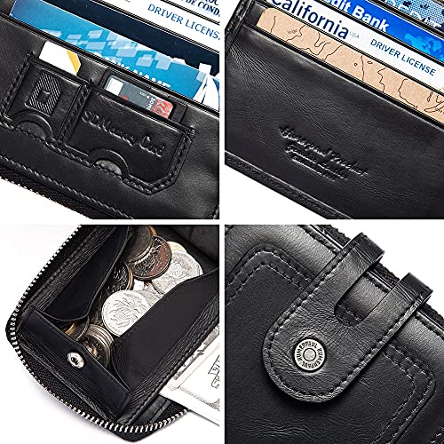 Image of Men's Leather Wallet with RFID Blocking - Bifold Zipper Wallet with Coin Pocket & 14 Card Slots (Black)