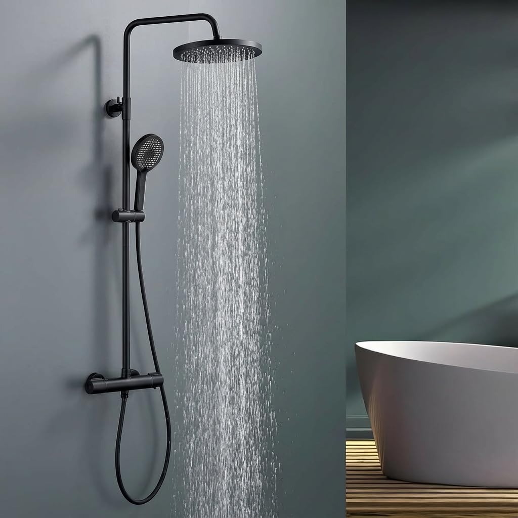 HOMELODY Sistema de ducha con termostato, color negro, juego completo con 3 tipos de chorro, ducha de mano y alcachofa de ducha de 25 cm, acero inoxidable, color negro