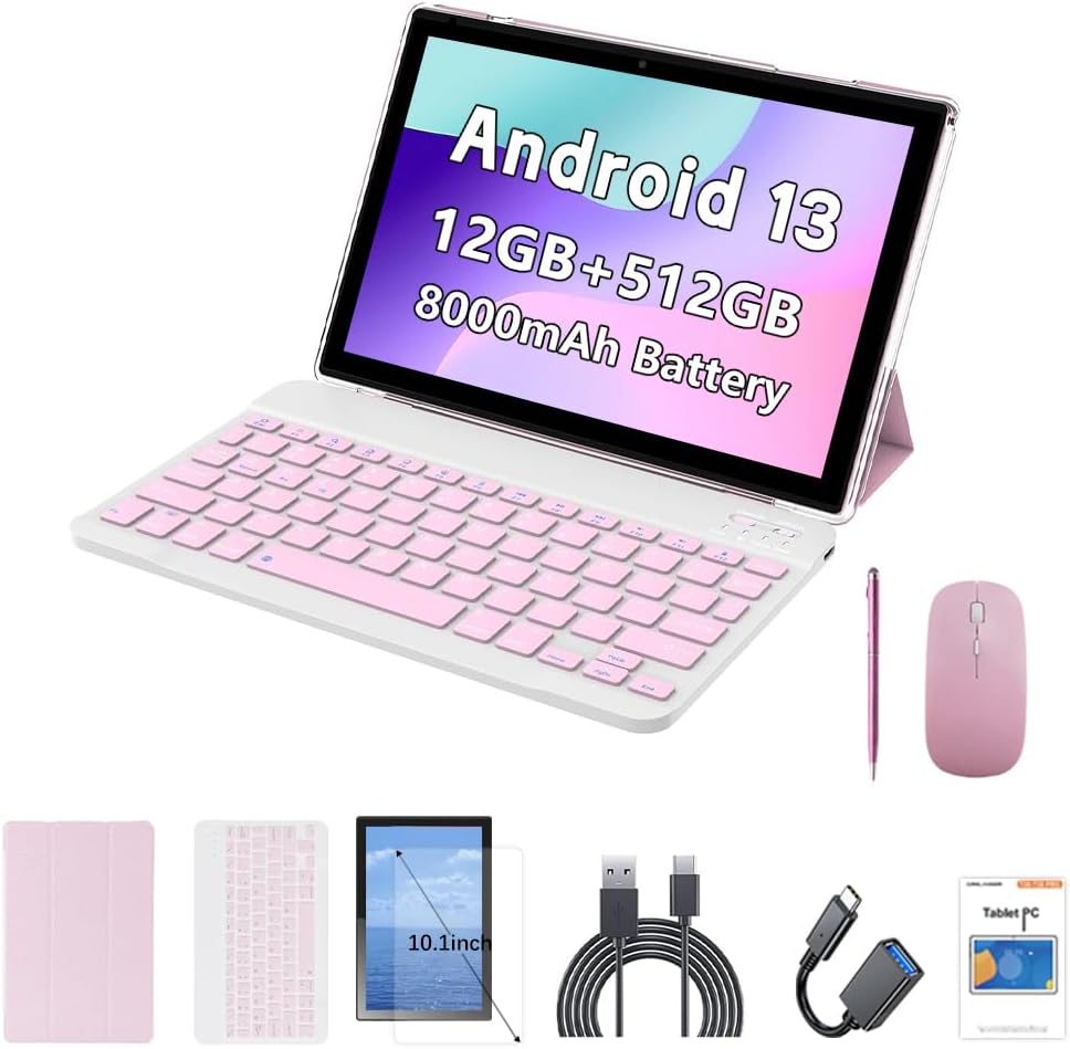 Crelander 10.1 Inch Android 13 Tablet with SIM Card Slot 4G LTE Calling, 12GB + 512GB, 8000mAh Battery, Dual Camera, Bluetooth/WiFi, Bundle with Protective Case, Keyboard, Mouse…