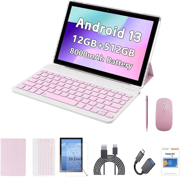 Crelander Tablette Android 13 10,1 pouces avec fente pour carte SIM 4G LTE Calling, batterie 12 Go + 512 Go, batterie 8000 mAh, double appareil photo, Bluetooth/WiFi, étui de protection, clavier - 1