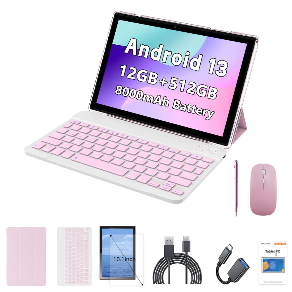 Crelander Tablette Android 13 10,1 pouces avec fente pour carte SIM 4G LTE Calling, batterie 12 Go + 512 Go, batterie 8000 mAh, double appareil photo, Bluetooth/WiFi, étui de protection, clavier