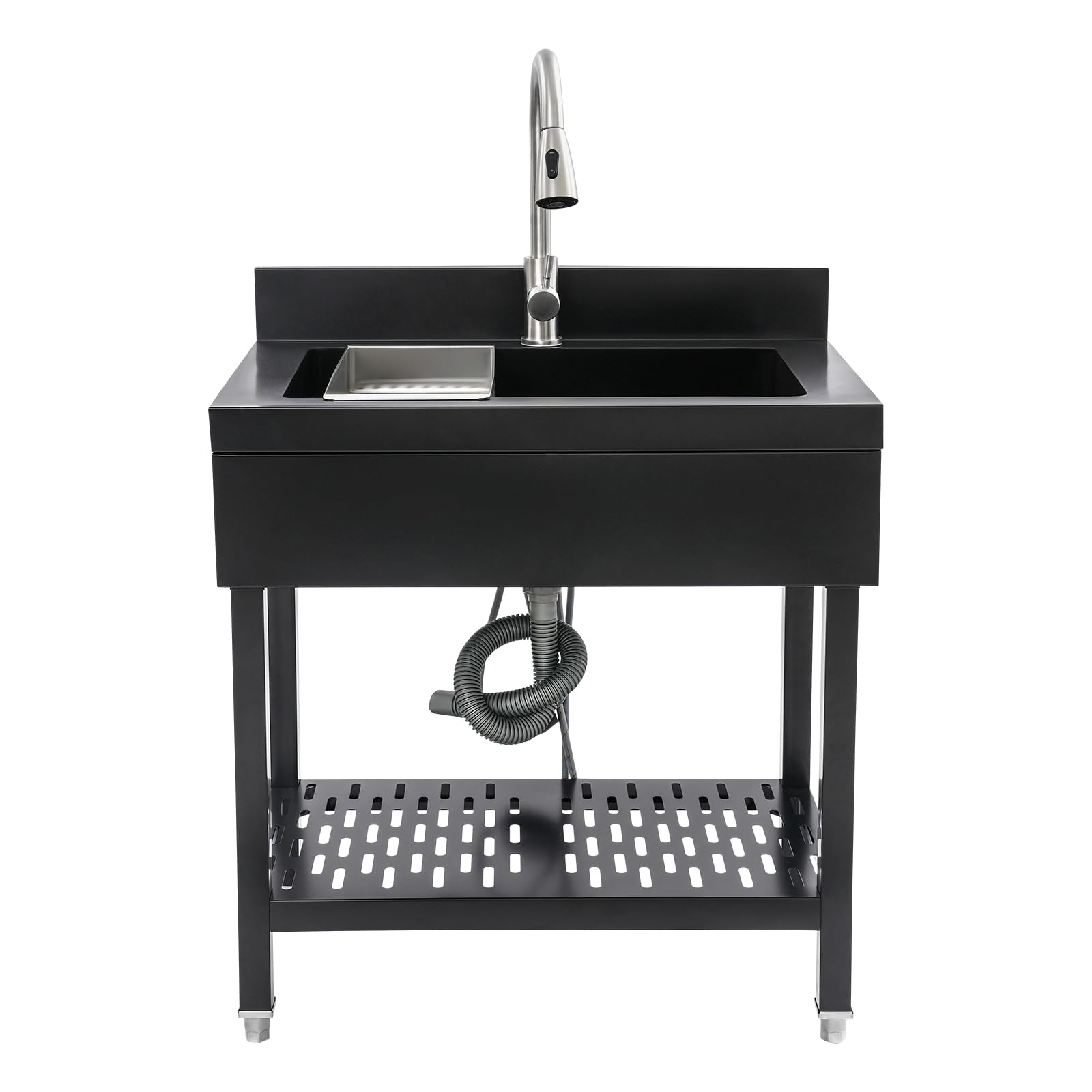 Évier de cuisine sur pied avec robinet extensible, évier en acier inoxydable, évier extérieur, lavabo de jardin, pieds réglables, jusqu'à 150 kg, 70 x 50 x 90 cm, noir
