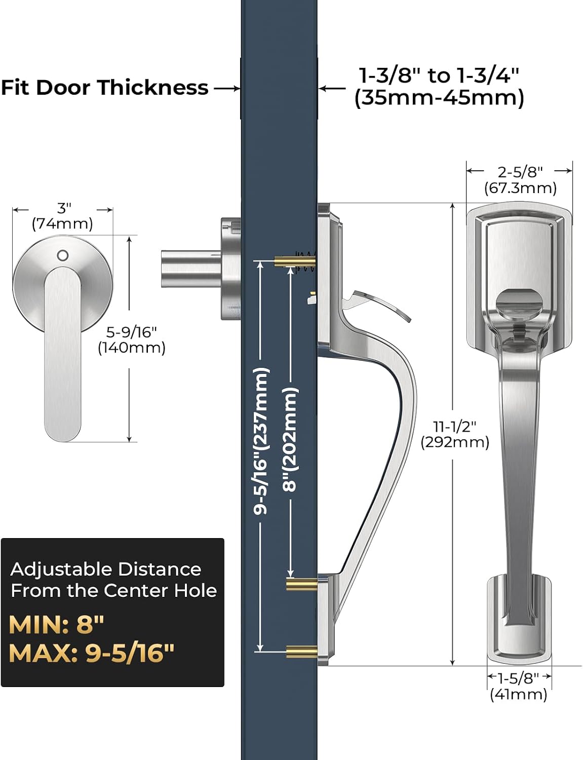 Front Door Handle No Lock for Right & Left Handed Doors, Modern Exterior Door Handle with Reversible Lever, Lower Half Grip, Satin Nickel