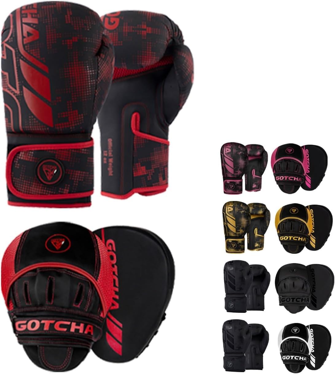 GotchaKart Boxing Gloves and Pads Set – Adults Men Women Kickboxing MMA Muay Thai Punching Gloves with Curved Focus Pads | Training Sparring Martial Arts Fitness (Red, 10oz)