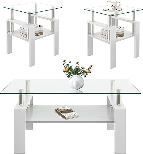 Miniatura 32 de Juego de 3 mesas auxiliares de cristal para sala de estar, mesa auxiliar de sofá con almacenamiento, patas de metal negro, mesa central rectangular