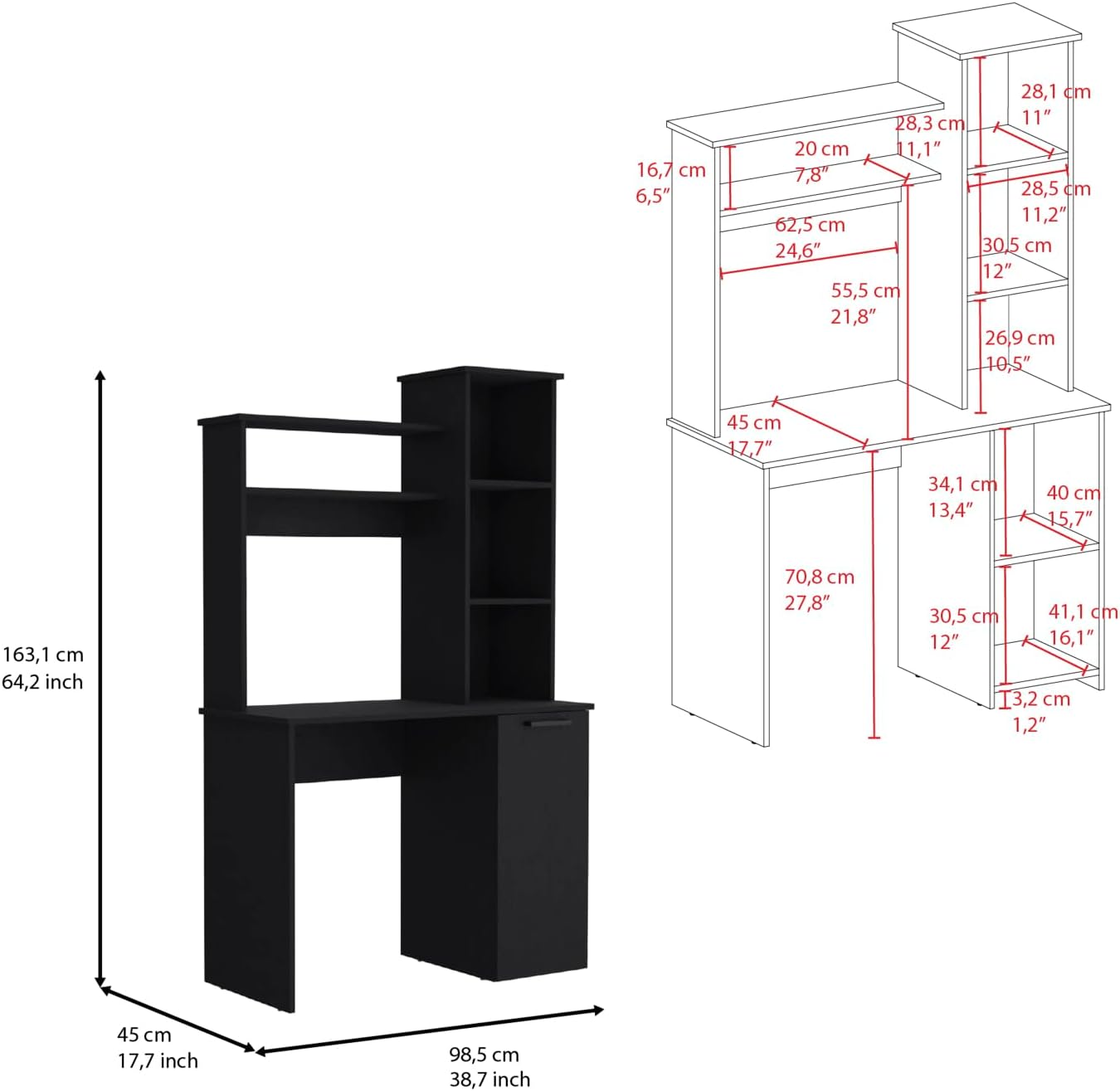 Computer Desk with Hutch, Single Door Cabinet, Workstation Organizer, Open Shelf Design