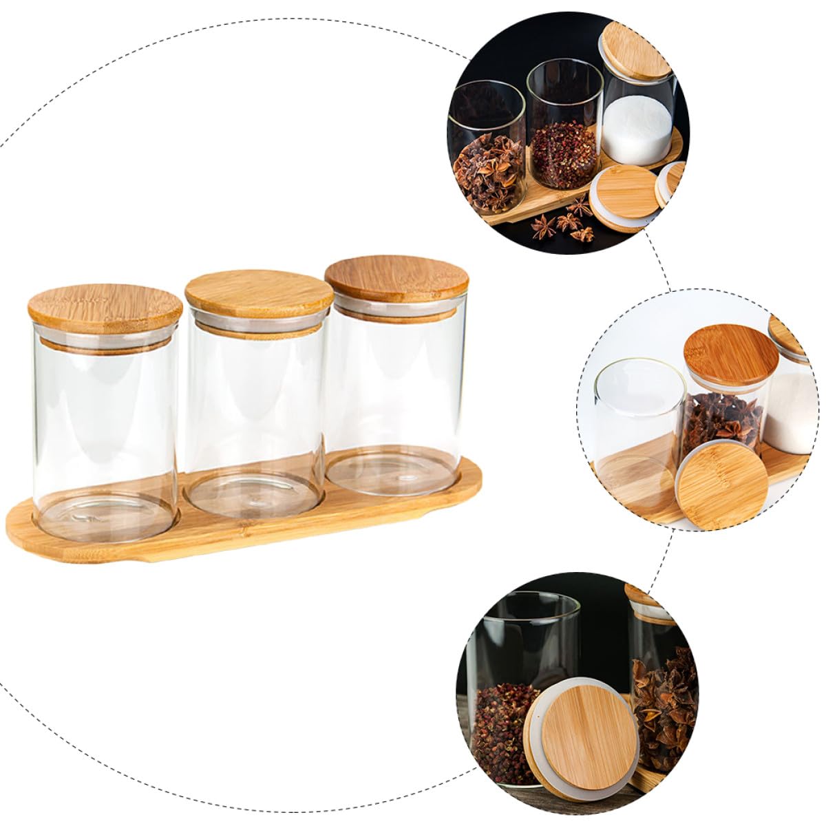 TOYANDONA Set 3 Barattoli Porta Spezie in Vetro Coperchio e Base in Bambù Contenitori Sigillati per Conservazione Alimentare Multiuso per Cucina e Dispensa Design Trasparente e Stabile
