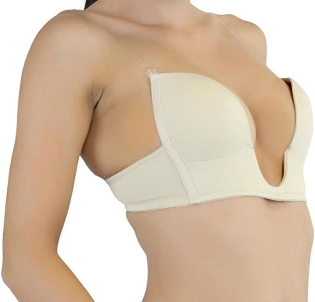 Lingerie Solutions Women's Low V-Plunge Bra U-Shape Adjustable Removable Clear Straps (34C, NUDE)