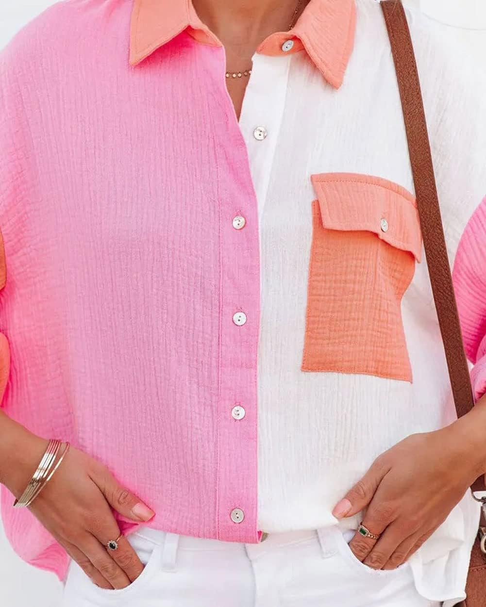 CHARTOU Women's Oversized Color Block Button Down Shirt Drop Long Sleeve Shirt Blouse - Image 5