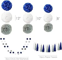Vista 6 de InBy Kit de decoración de fiesta de 26 pompones de papel de seda, azul marino, gris y blanco, guirnalda de borlas para bodas, primer cumpleaños