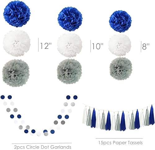 Miniatura 6 de InBy Kit de decoración de fiesta de 26 pompones de papel de seda, azul marino, gris y blanco, guirnalda de borlas para bodas, primer cumpleaños,