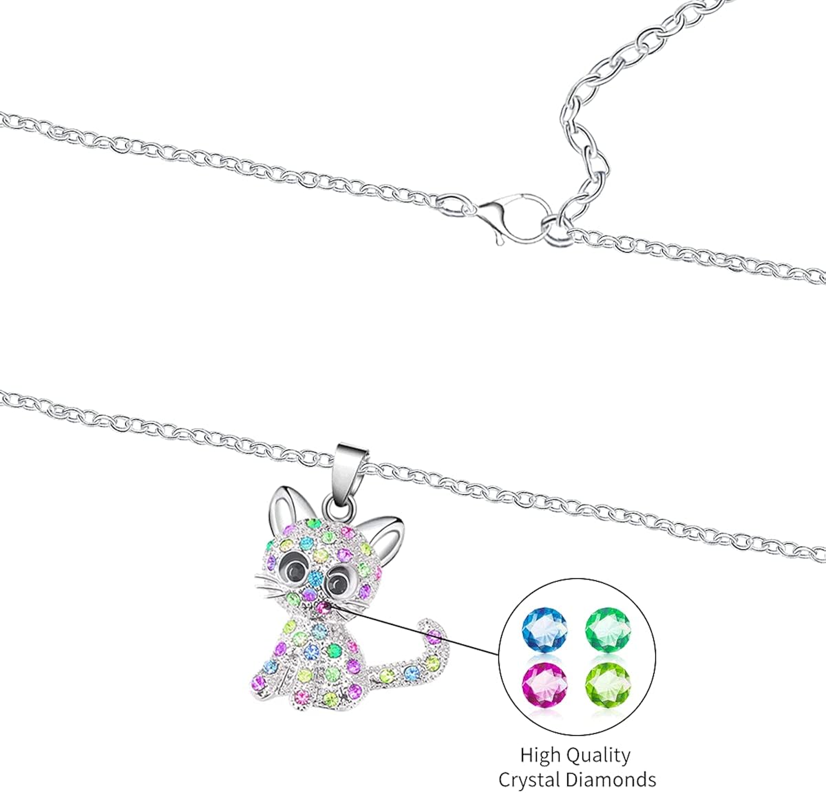 CANIPHA Cat Pendant Necklace for Girls Kids,Small Cute Kitty Rainbow Rhinestone Pendant Necklace Jewelry for Women Teen Girls 10-12,Crystal Choker Friendship Daughter Loved Gifts 18+2 inch Long Chain: Clothing, Shoes & Jewelry