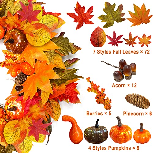 [Timer & Thick ] 18 Inch Prelit Fall Decor Wreath 20 Led Lights Front Door, 72 Maple Leaves Pumpkin Wreath Pinecone Berry Battery Operate Autumn Wreath Harvest Fall Thanksgiving Decor Home Outdoor #TOP2