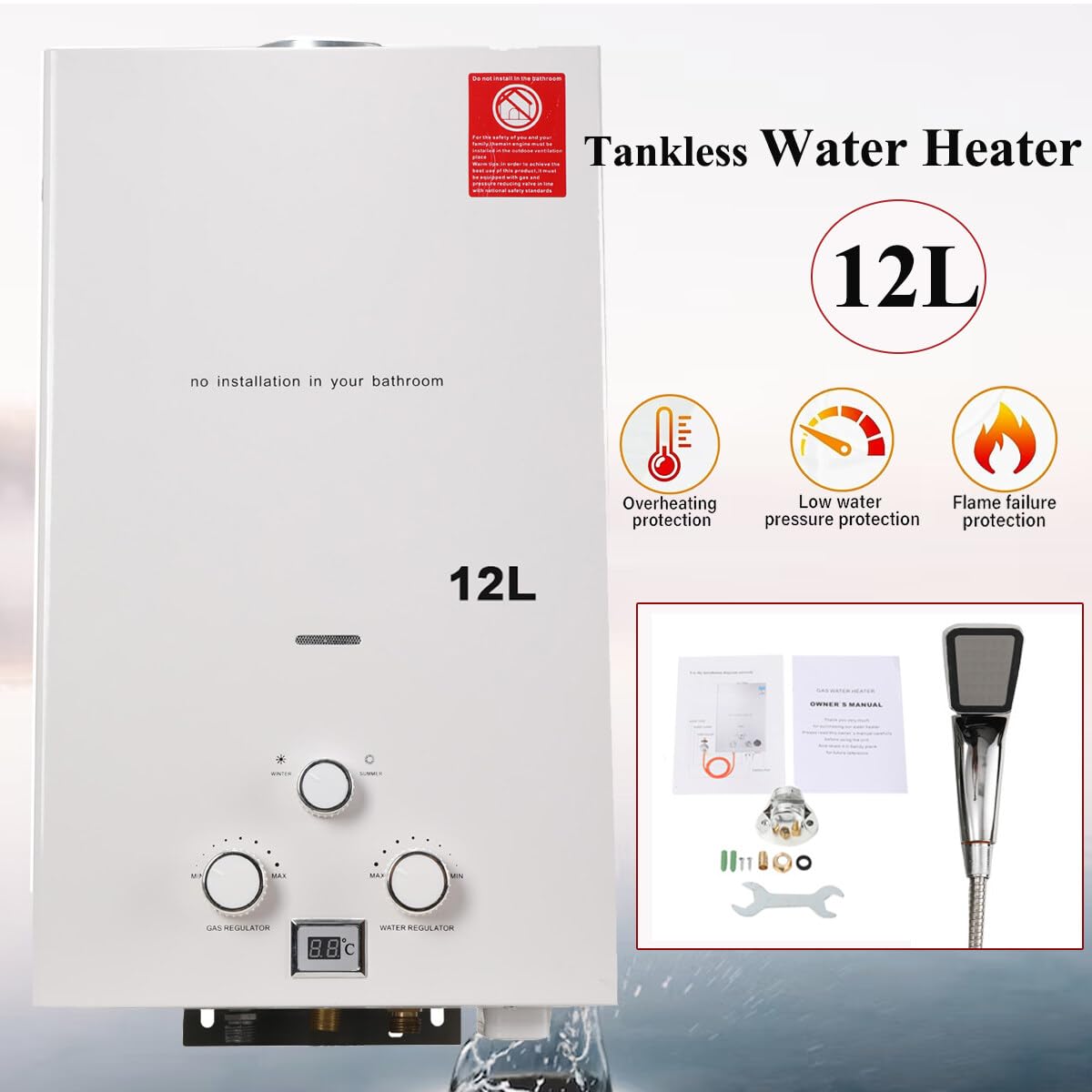 Calentador de Agua Sin Tanque 12L 24 KW Calentador de Agua a Gas Propano Instantáneo con Alcachofa de Ducha para Uso Doméstico en Vehículos Recreativos al Aire Libre