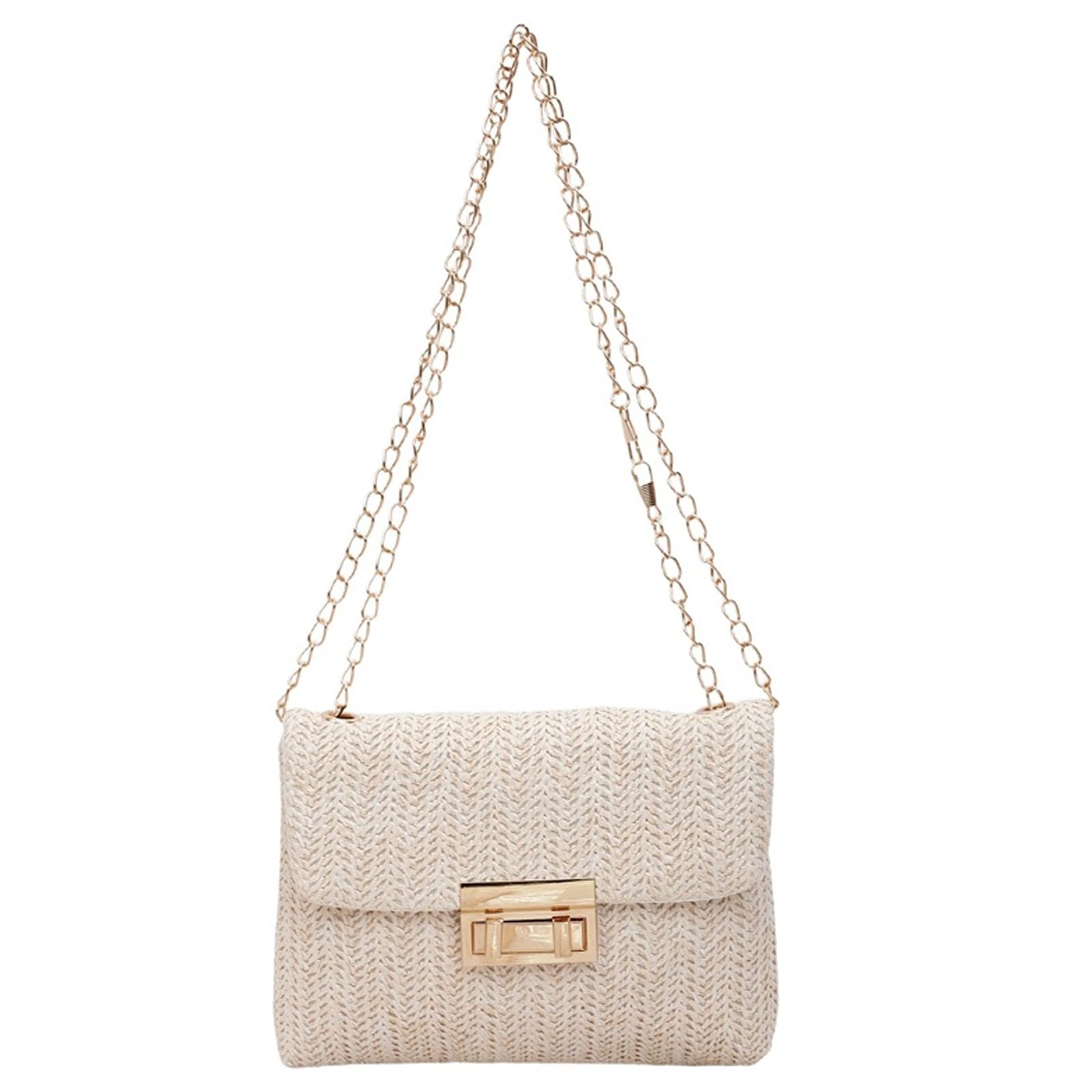 MLPKOI Grass Weaving Style Cross Body Bag Shoulder Bags with Chain, Womens Straw Weaving Shoulder Bag, Small Summer Beach Bags, with Chain Strap & Buckle Closure for Banquet Holiday Night Out Life