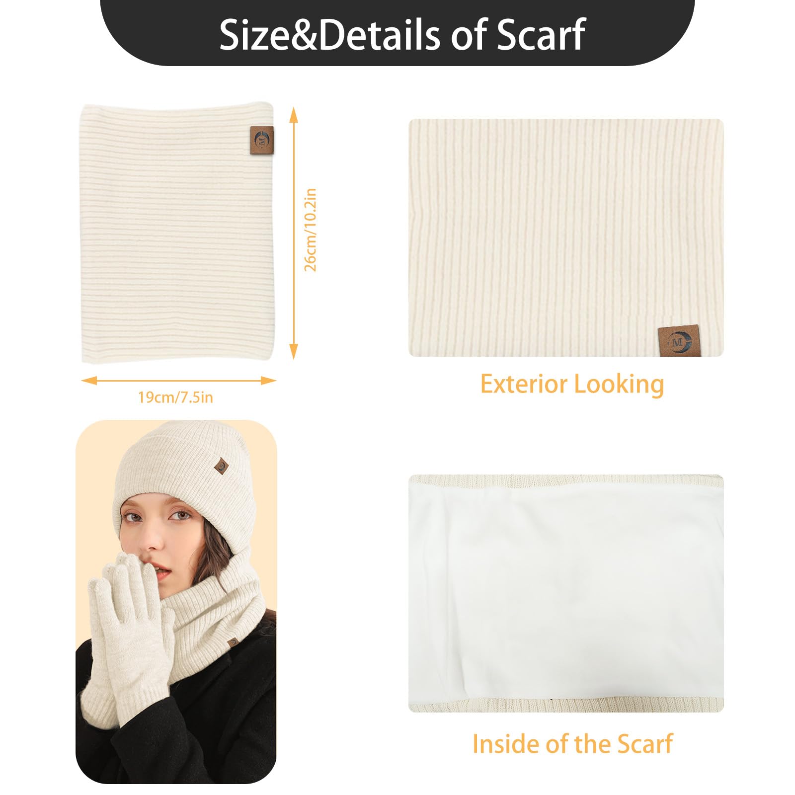 MARUKO Femme Tricotés Ensemble d'hiver Bonnet écharpe Gants d'écran Tactile 3 en 1, Doublure Molleton Doux Bonnet tricoté Chaud Cache-Cou Extensible Gants tactiles à 2 Doigts pour Femme