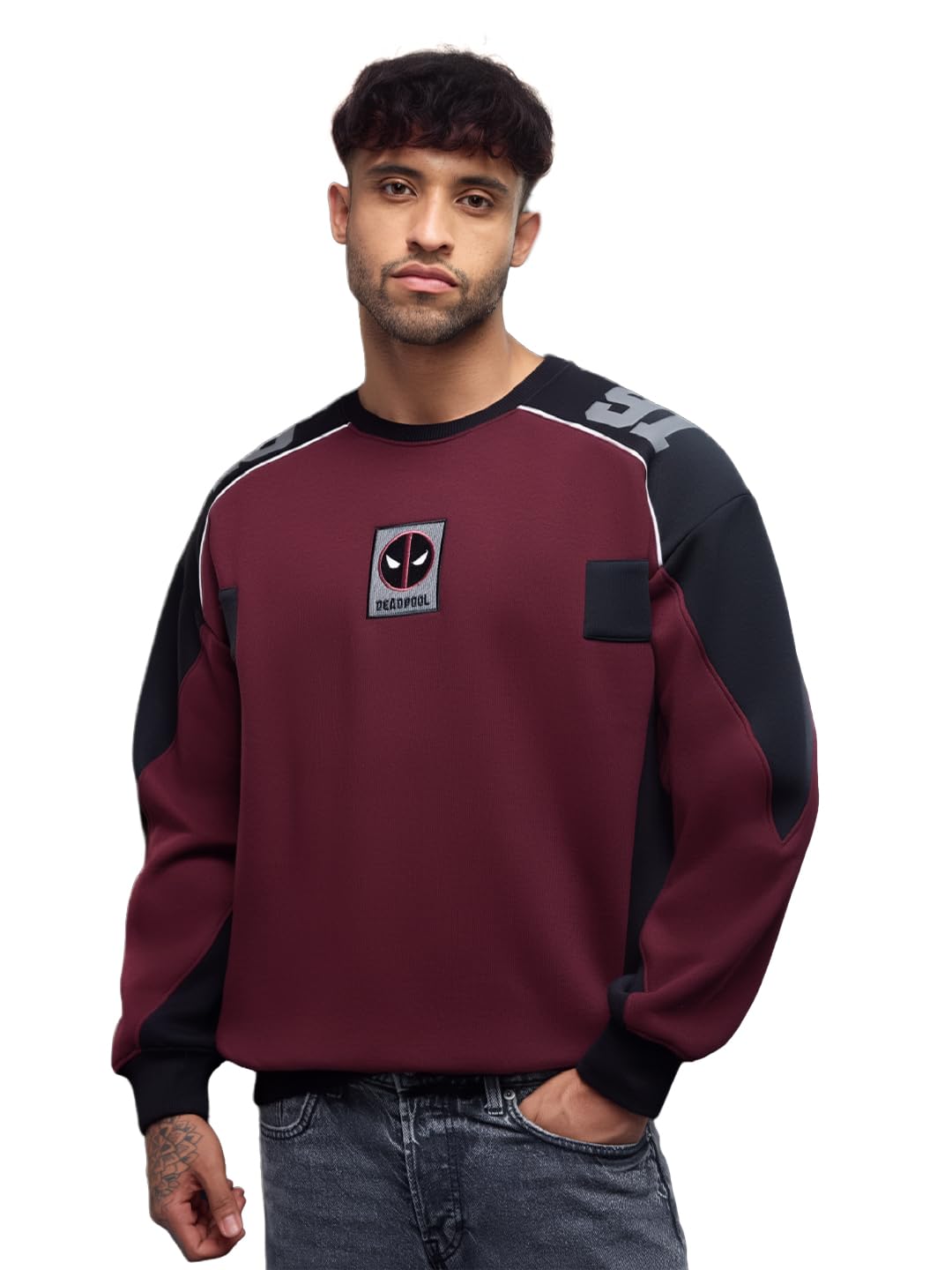 the souled store Deadpool: Red Menace Men and Boys Long Sleeve Round Neck Burgundy Colour-Block Cotton Blend Drop Shoulder Streetwear Winter Ready Causual Heavy Fleece Oversized Fit Sweatshirt-picture-49