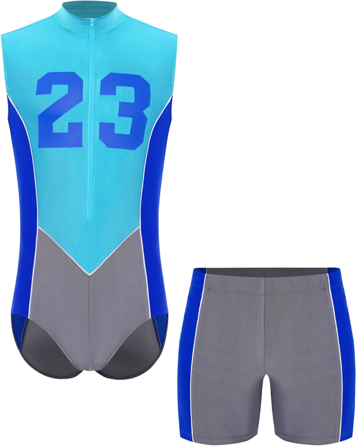 Mens Sleeveless Gymnastics Leotard Swim Bodysuit with Shorts Set for Wrestling Singlet Cycling Swimming