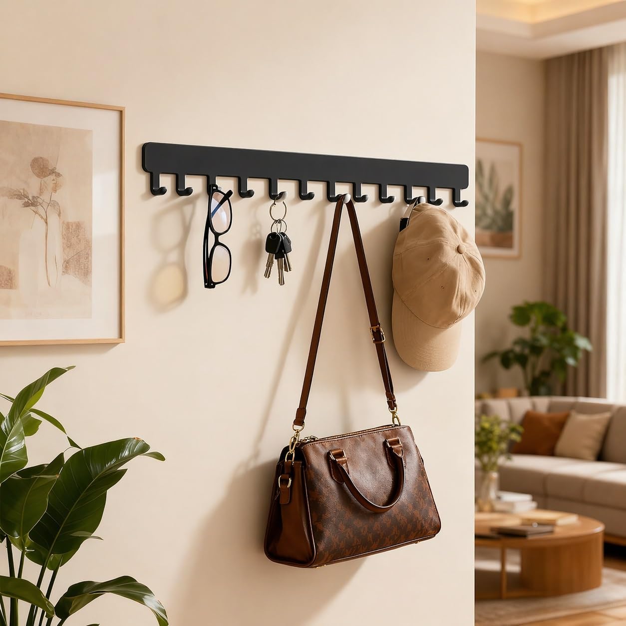 Self-Adhesive Metal Necklace Organizer, Sturdy Necklace Holder Wall Mounted with Hooks for Tangle-Free Jewelry Storage, Self-Adhesive Hanging Jewelry Organizer, No Drilling, 2 Pack (Black)