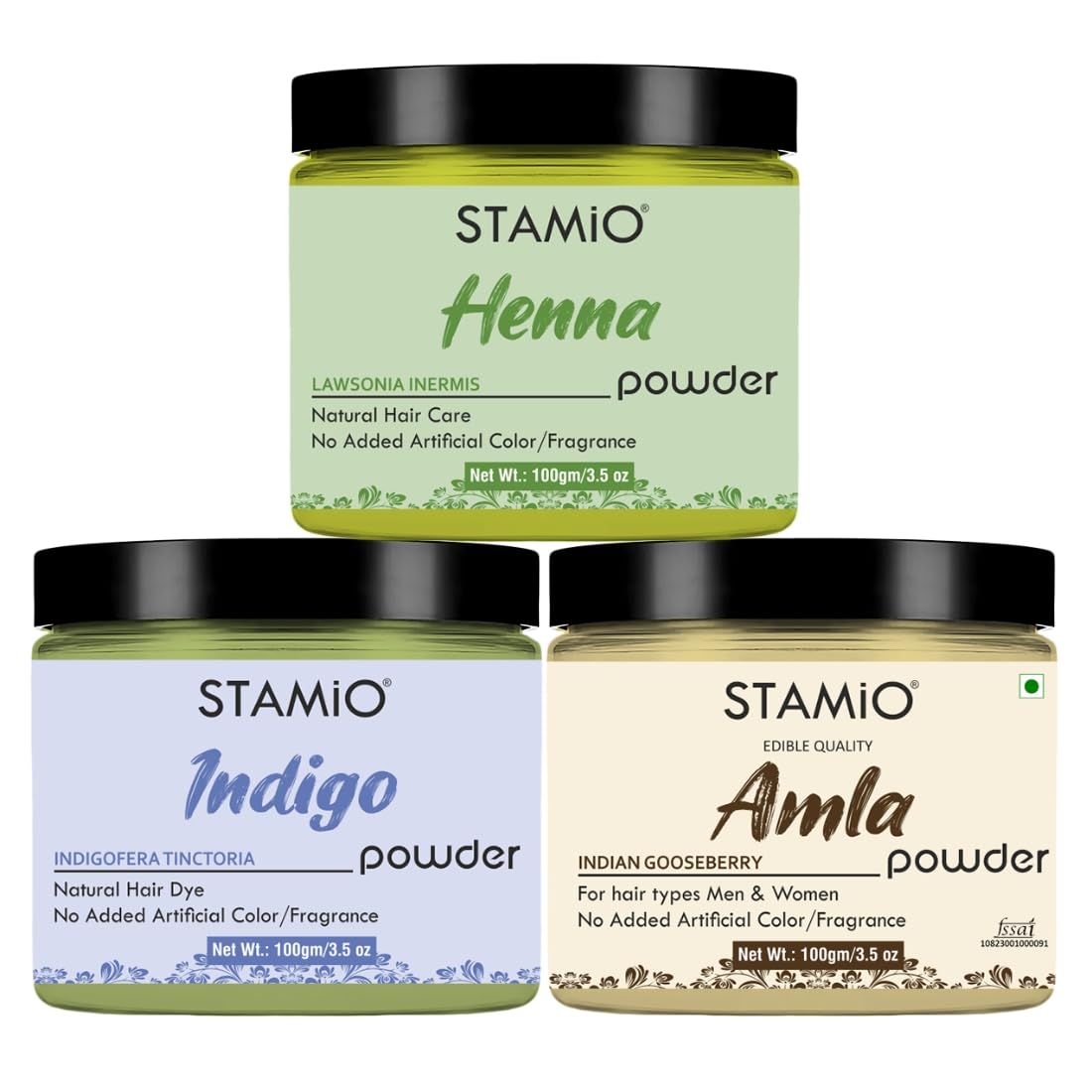 STAMIO Haircare 3 Products Combo 300 gm - Henna Indigo Amla Powder Pack for Black Hair Color, Healthy Scalp, Mask, Anti-Dandruff | Natural Powders Kit | In Jar (100gm X 3)-picture-48