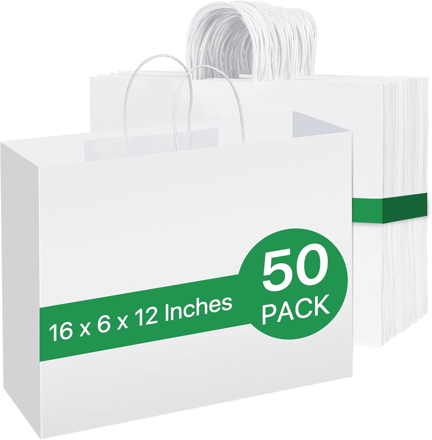 White Paper Bags with Handles, 50 Pcs White Shopping Paper Bags, Recyclable Kraft Gift Bag and Retail Bag for Small Business, Grocery, Party Favors, 16x6x12 Inches