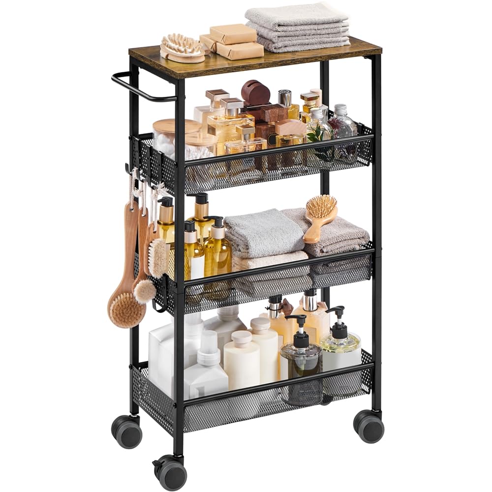 Yaheetch Carrito de Almacenaje de 4 Niveles,con Ruedas Bloqueables,con Ganchos Asa,Marco de Acero con Superficie de Madera,45x22x79cm,para Cocina Estudio Baño Salón, Color Marrón Rústico y Negro